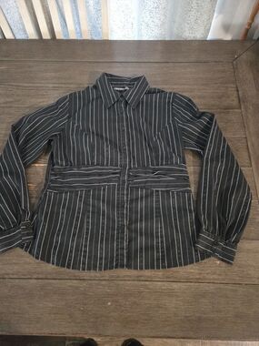 Apt. 9 Pinstripe Blouse Black White Y2K Office Sire Style Ruched Waist Stretch